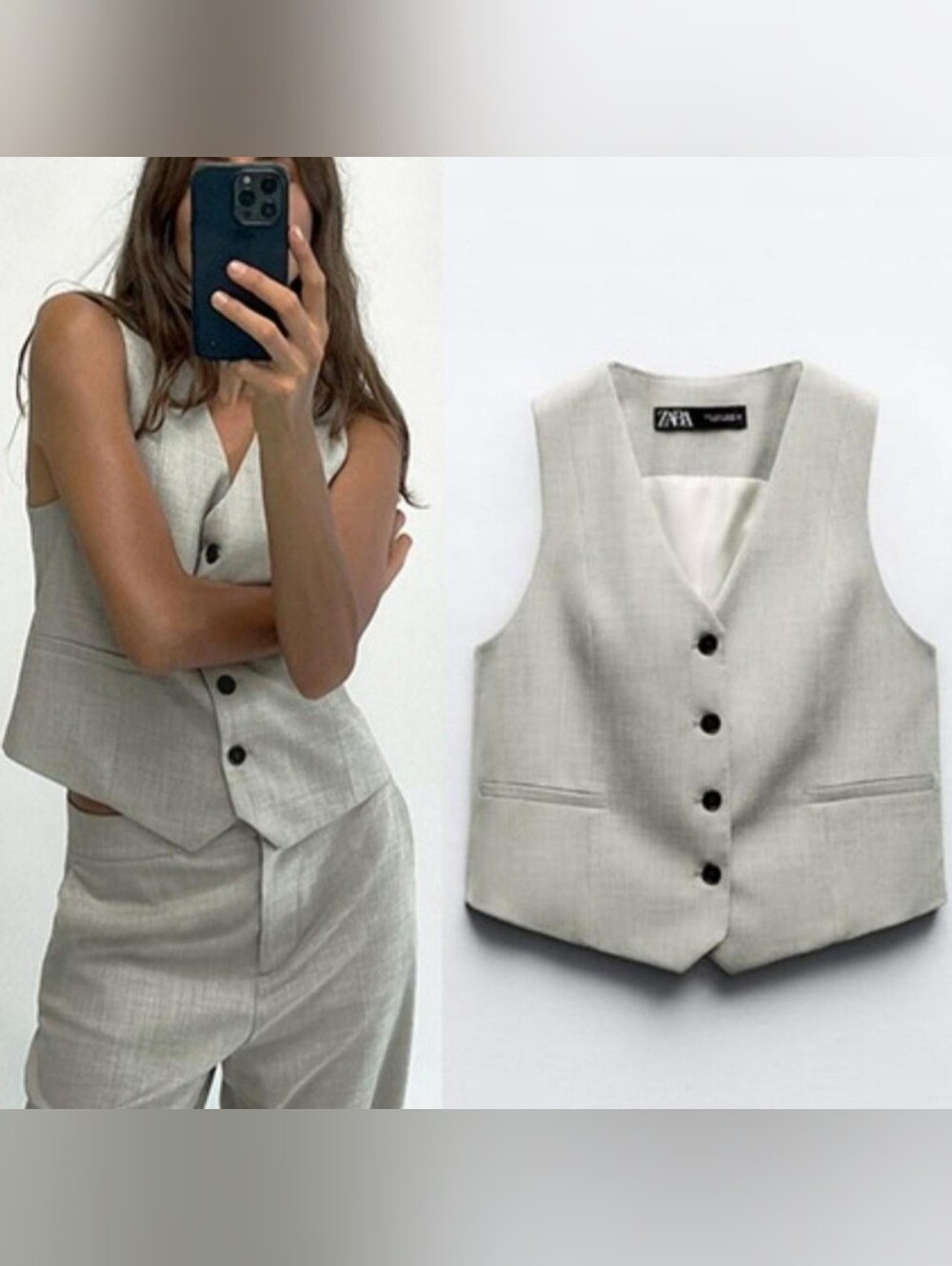 Zara Light Gray Textured Button Vest